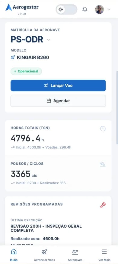 Diário de bordo digital do Aerogestor no celular